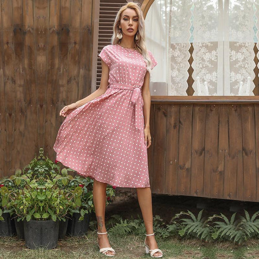 LM | Summer Women Polka Dot Short Sleeve Dress Casual Bandage Party Pleated Midi Dresses Elegant Green Office Lady Clothes