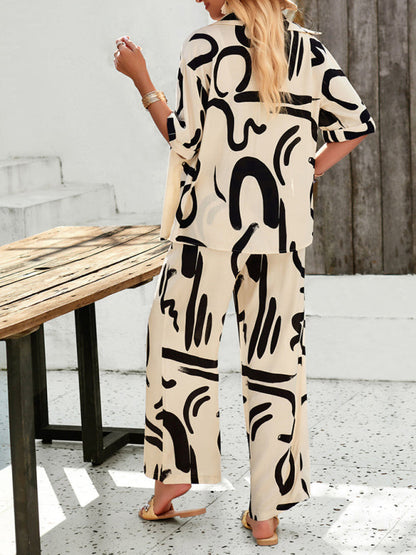 LM | New Women Casual Fashion Printed Lapel Short Sleeve Shirt and Pants Vacation Suit