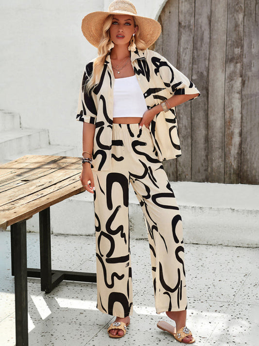 LM | New Women Casual Fashion Printed Lapel Short Sleeve Shirt and Pants Vacation Suit