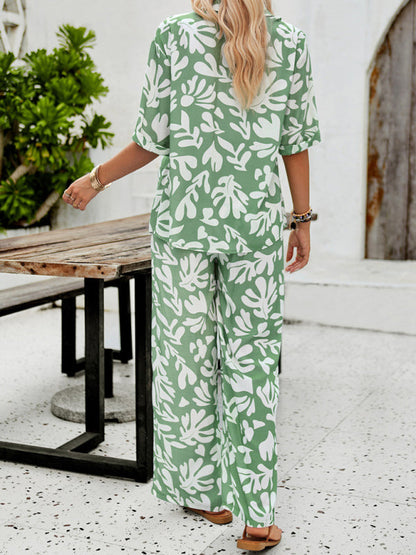 LM | New Women Casual Fashion Printed Lapel Short Sleeve Shirt and Pants Vacation Suit