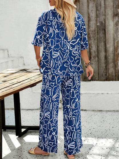 LM | New Women Casual Fashion Printed Lapel Short Sleeve Shirt and Pants Vacation Suit