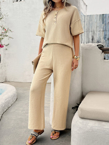 LM | New spring and summer casual solid color knitted short sleeve pants suit
