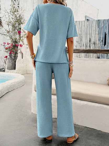 LM | New spring and summer casual solid color knitted short sleeve pants suit
