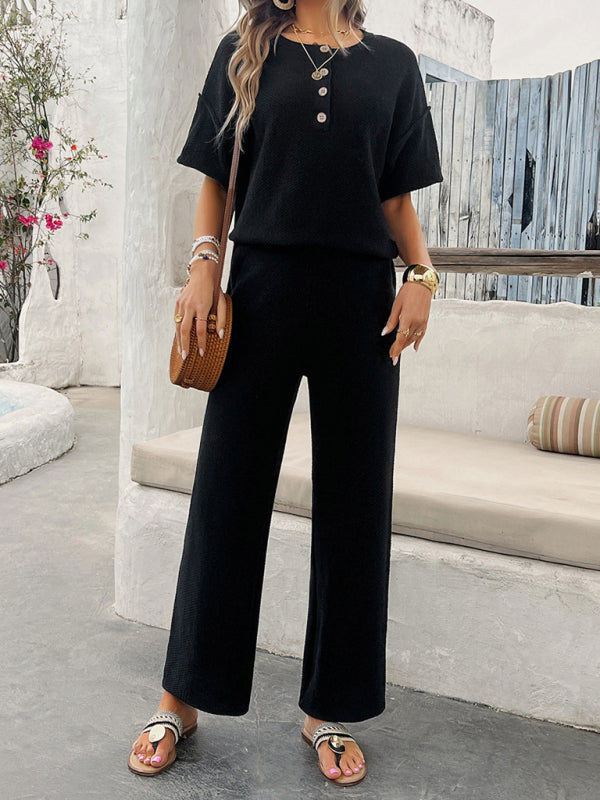 LM | New spring and summer casual solid color knitted short sleeve pants suit
