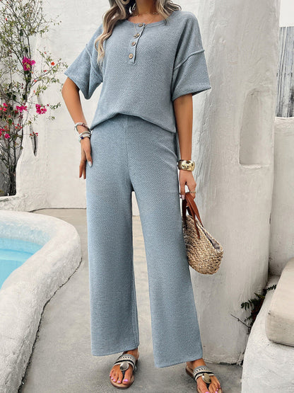LM | New spring and summer casual solid color knitted short sleeve pants suit