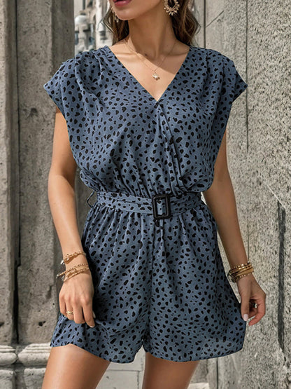 LM | Ladies leopard print V-neck sleeveless romper jumpsuit with belt