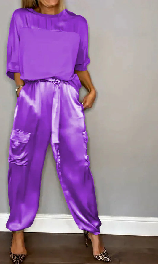 LM | Two Piece Set With Solid Color Satin Top And Pants For Women