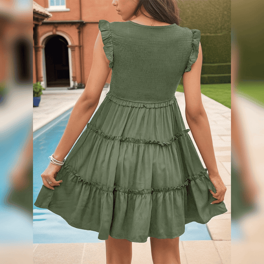LM | Relaxed green mini dress with tiers for your summer vacation