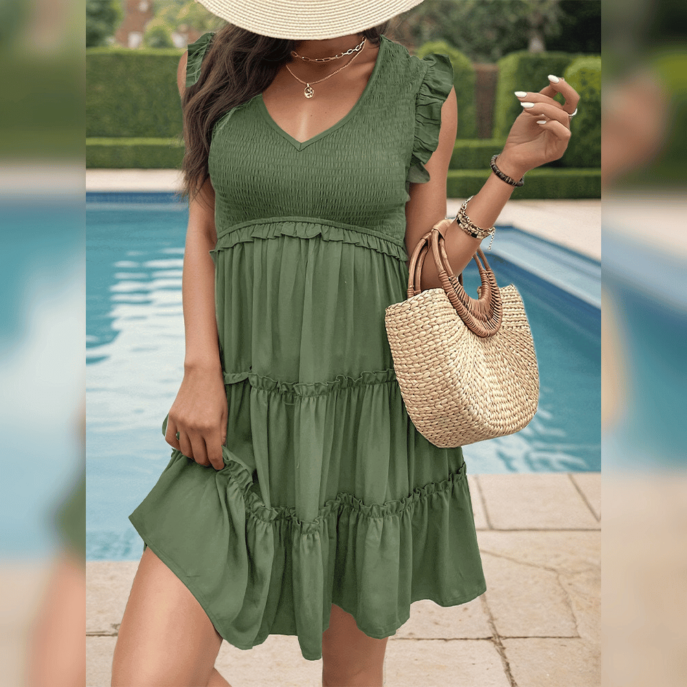LM | Relaxed green mini dress with tiers for your summer vacation