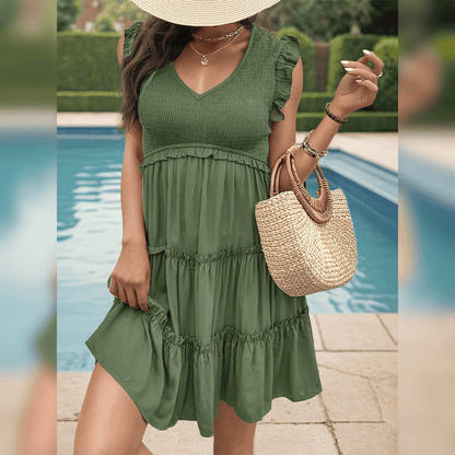 LM | Relaxed green mini dress with tiers for your summer vacation