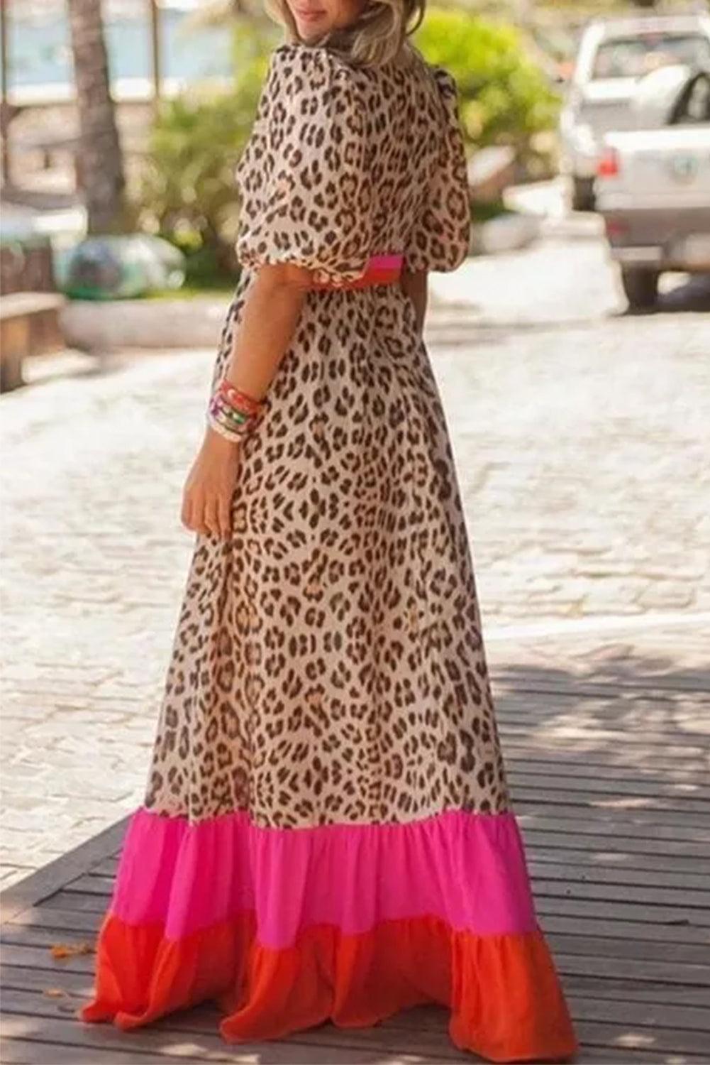 LM | Maxi dress with leopard print and puff sleeves for women
