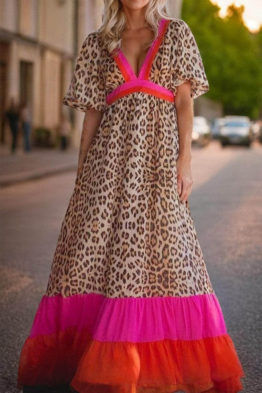 LM | Maxi dress with leopard print and puff sleeves for women