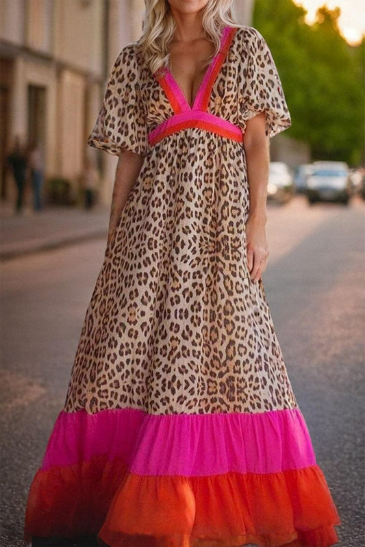 LM | Maxi dress with leopard print and puff sleeves for women