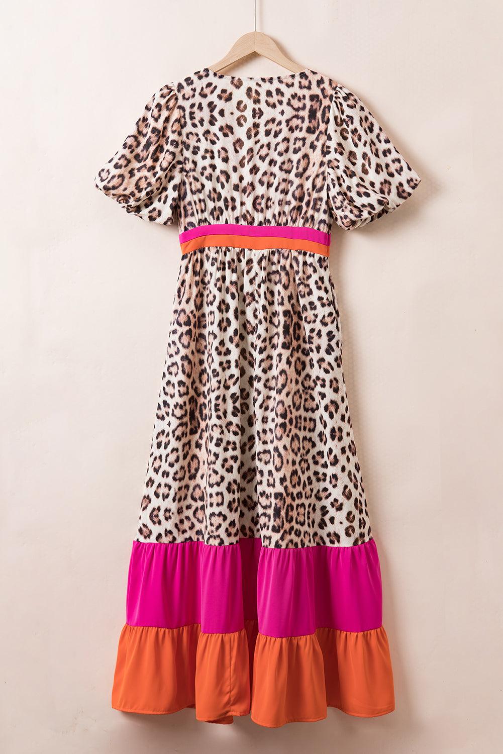LM | Maxi dress with leopard print and puff sleeves for women