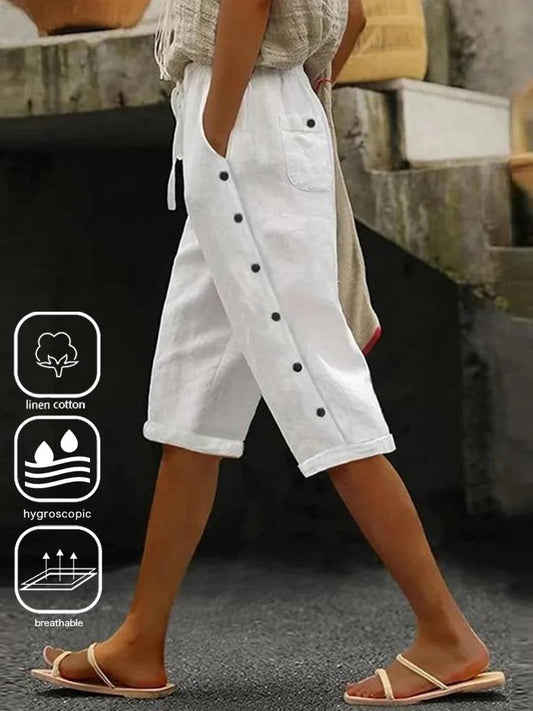 LM | Casual plain capris Elasticated waist buckle pants