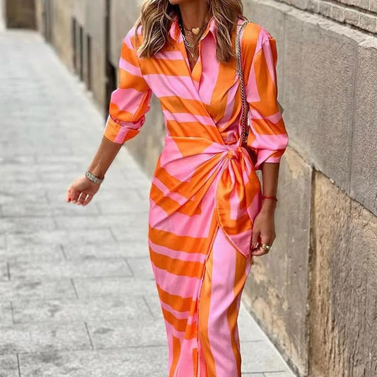 LM | Fashion V-neck striped midi dress with lacing
